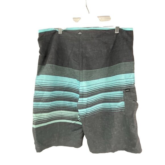O’Neill Men’s Boardshorts Size 32 Gray Aqua Striped Surf Swim Trunks with Pocket - Picture 1 of 7